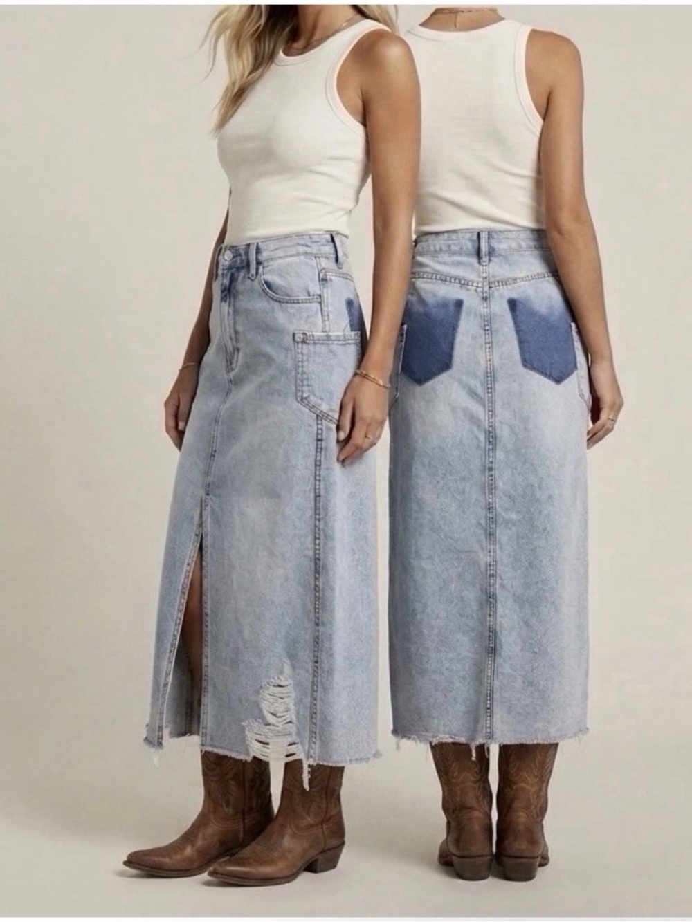 NEW Kensie Denim Midi Skirt Distressed Light Wash Dark Patch Pockets